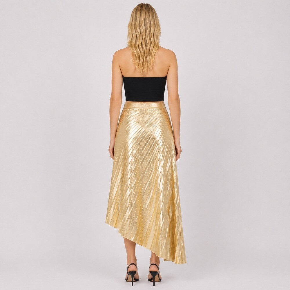 A.L.C. Gold Tracy Asymmetric Pleated Vegan Leather Skirt Size 12 - Picture 3 of 6
